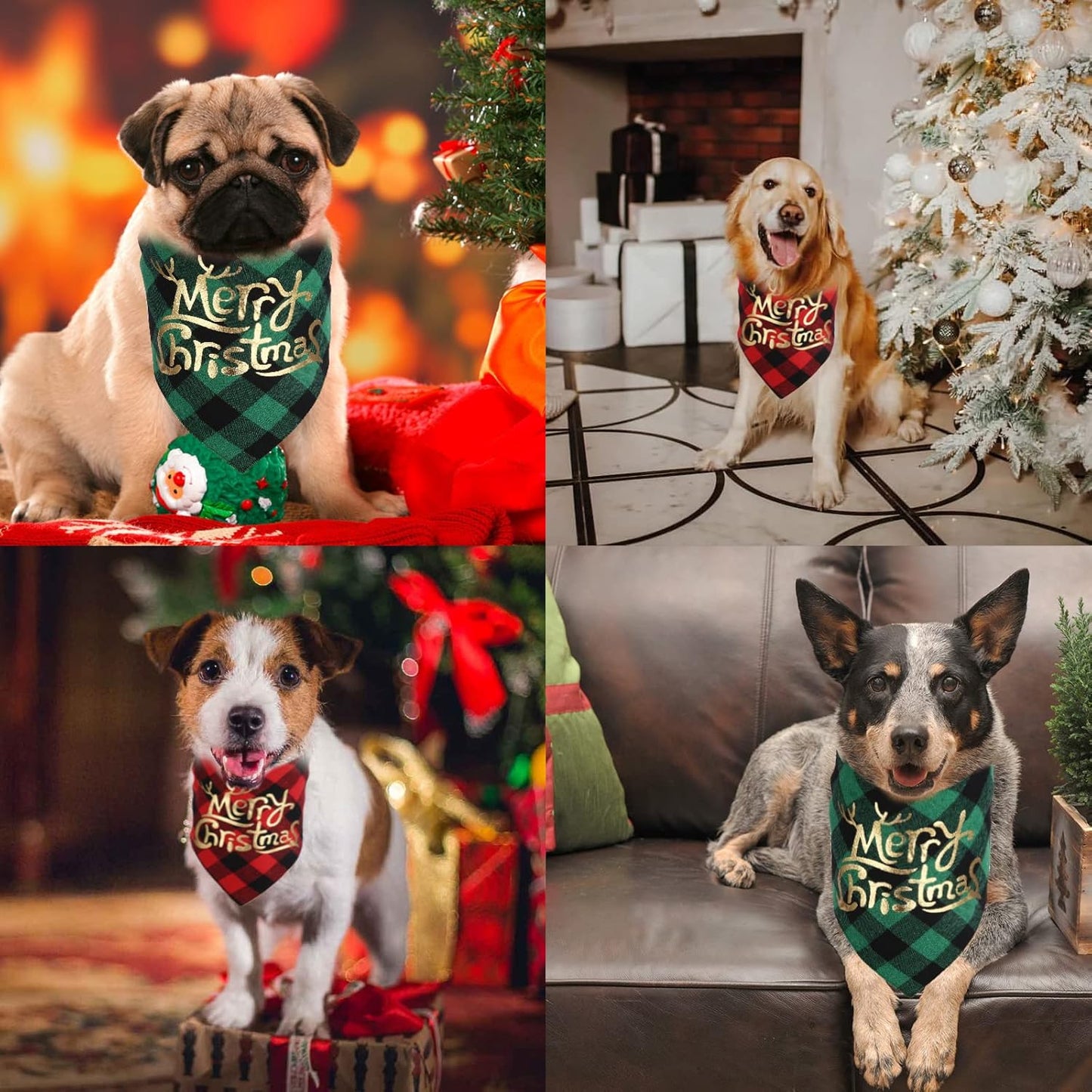Dog Christmas Bandana for Dogs(2 Pack),Classic Buffalo Plaid with Golden Merry Christmas Pattern Dog Bandanas for Small Medium Large Dogs Accessories Triangle Dog Christmas Scarf