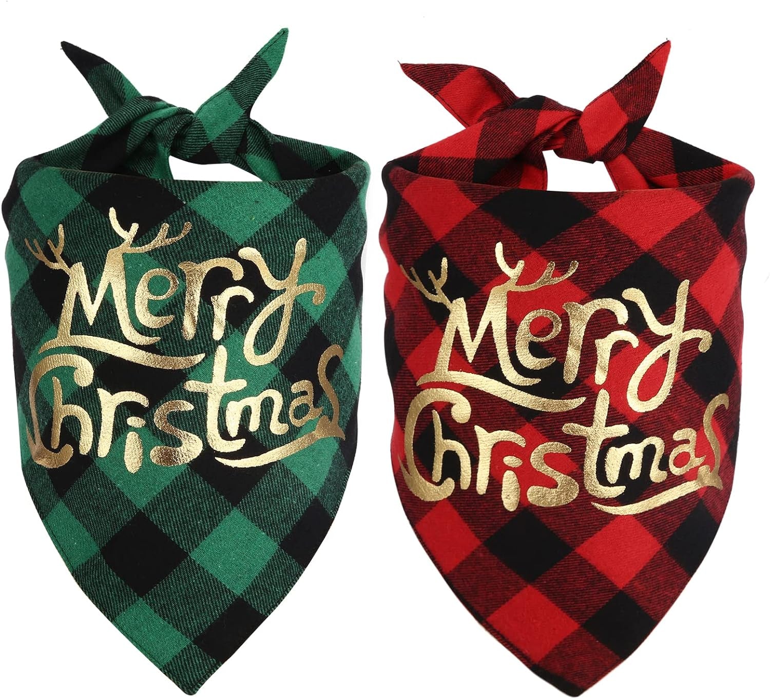 Dog Christmas Bandana for Dogs(2 Pack),Classic Buffalo Plaid with Golden Merry Christmas Pattern Dog Bandanas for Small Medium Large Dogs Accessories Triangle Dog Christmas Scarf