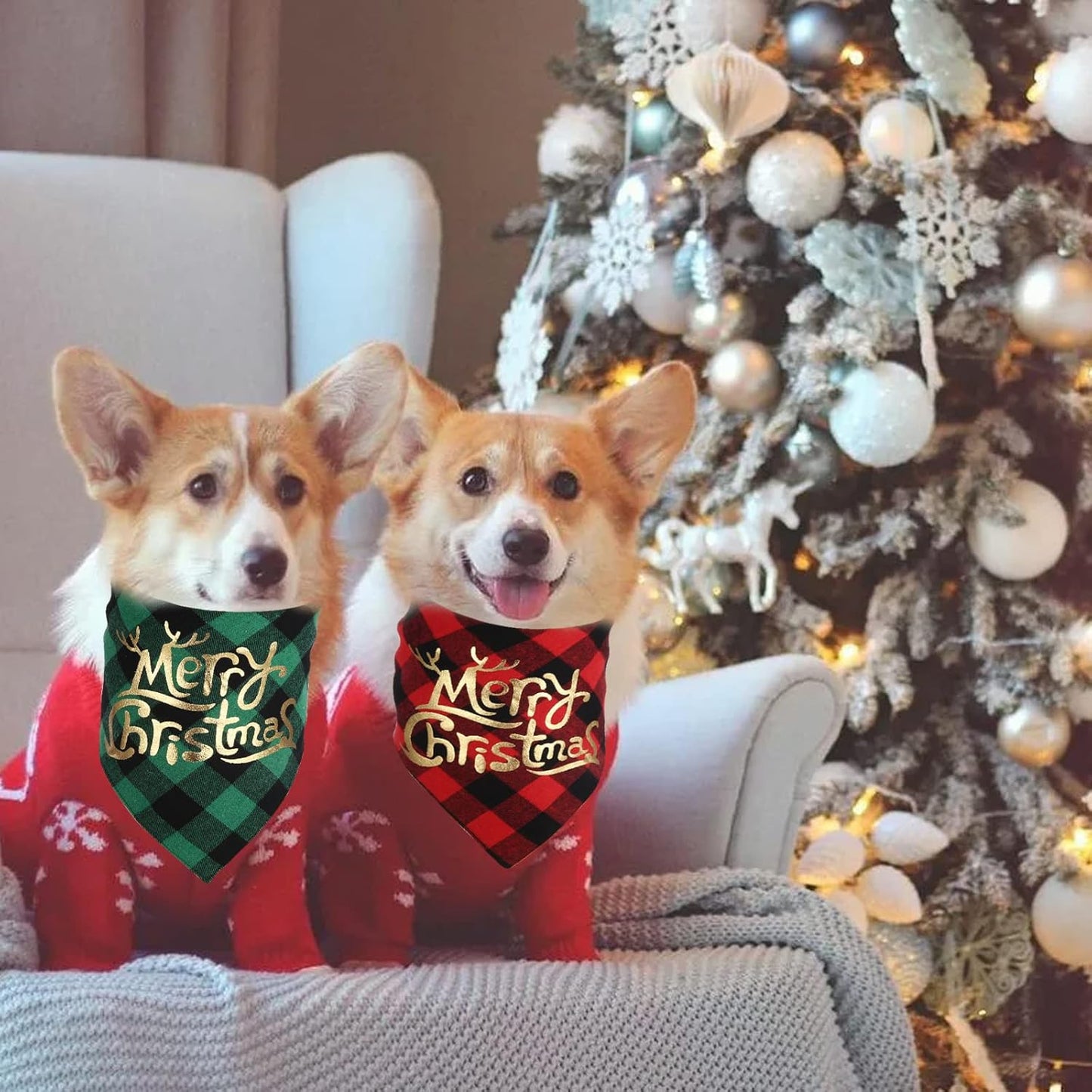 Dog Christmas Bandana for Dogs(2 Pack),Classic Buffalo Plaid with Golden Merry Christmas Pattern Dog Bandanas for Small Medium Large Dogs Accessories Triangle Dog Christmas Scarf