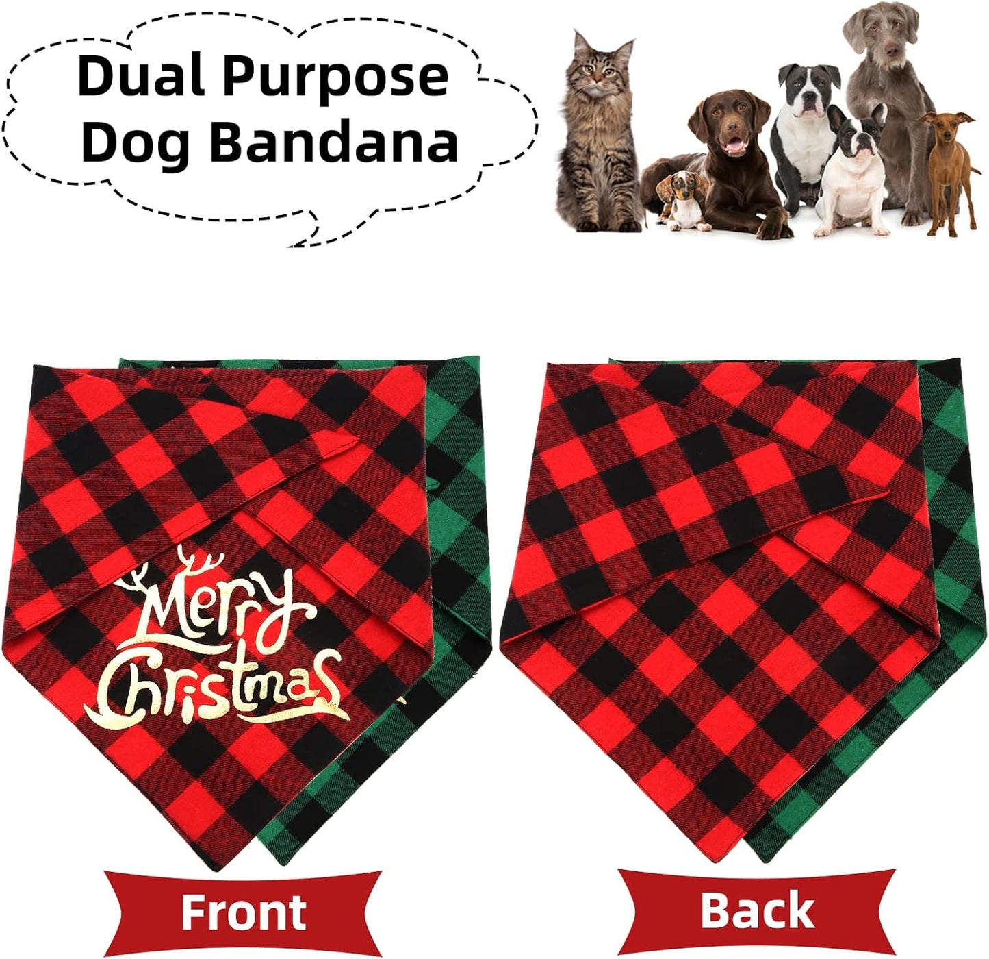 Dog Christmas Bandana for Dogs(2 Pack),Classic Buffalo Plaid with Golden Merry Christmas Pattern Dog Bandanas for Small Medium Large Dogs Accessories Triangle Dog Christmas Scarf