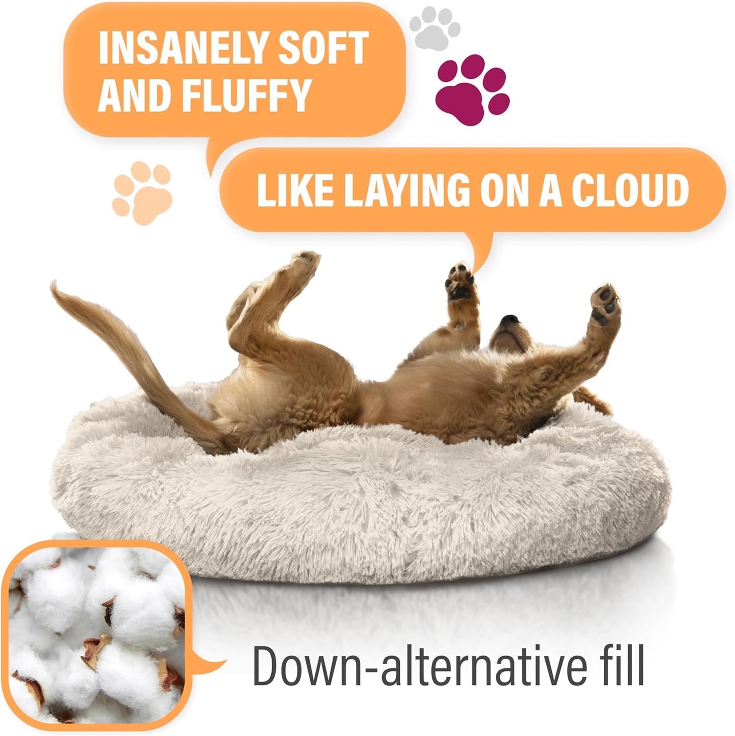 Premium Small Donut Dog Bed, Fits up to 45 Lbs, Removable Cover & Washable Cushion, Plush Long Pile Faux Fur Fabric, Portable Beige Pet Bed Furniture for Puppies Adult Canines & Cats