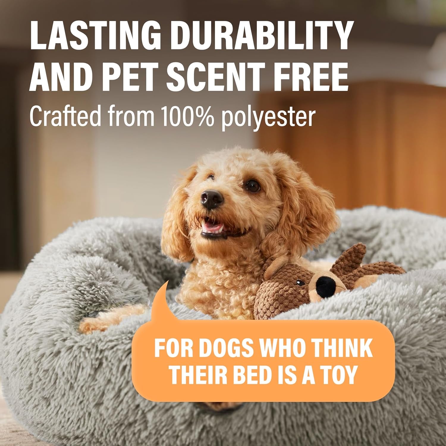 Premium Small Donut Dog Bed, Fits up to 45 Lbs, Removable Cover & Washable Cushion, Plush Long Pile Faux Fur Fabric, Portable Beige Pet Bed Furniture for Puppies Adult Canines & Cats