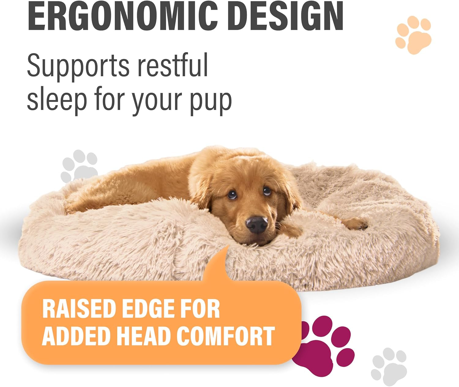 Premium Small Donut Dog Bed, Fits up to 45 Lbs, Removable Cover & Washable Cushion, Plush Long Pile Faux Fur Fabric, Portable Beige Pet Bed Furniture for Puppies Adult Canines & Cats