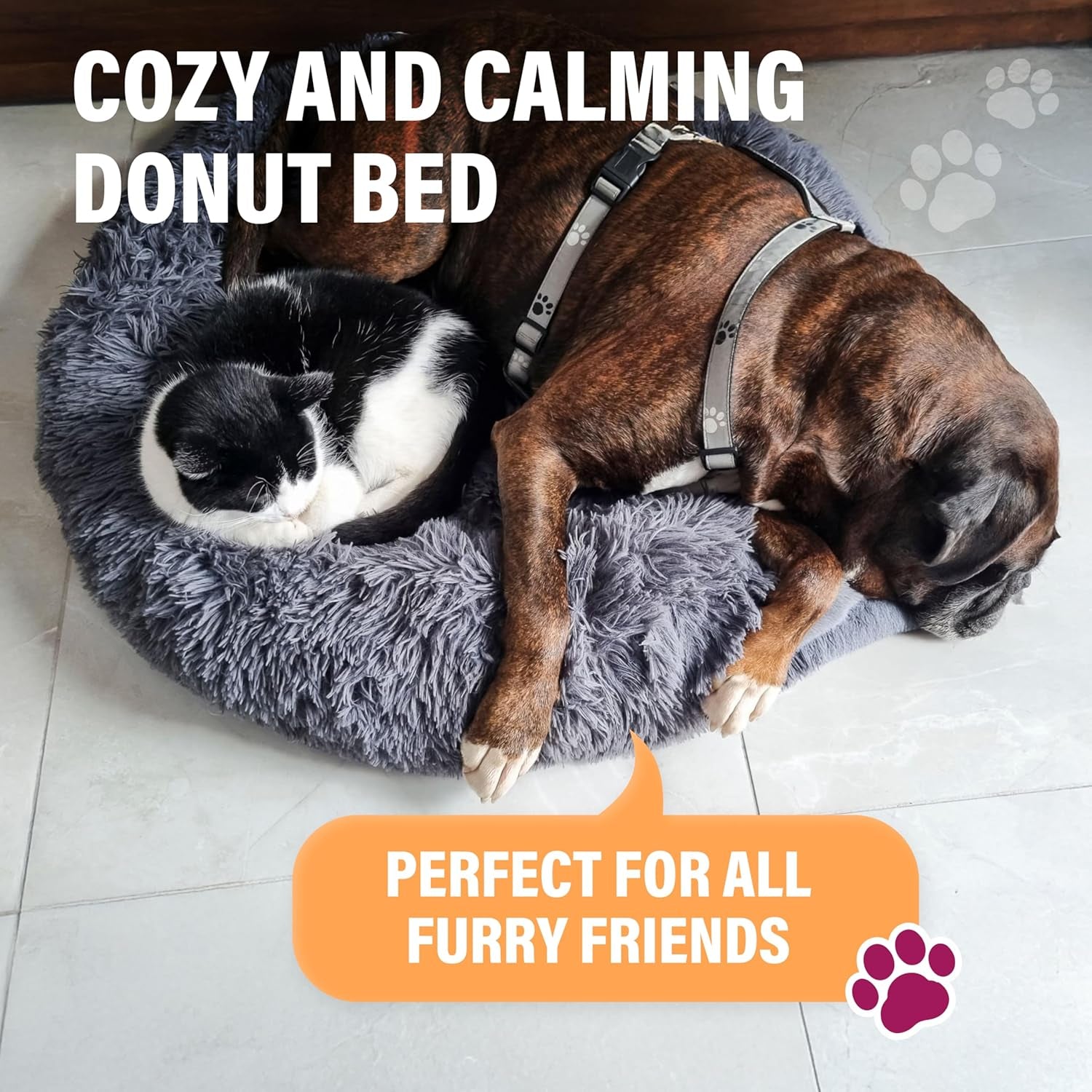 Premium Small Donut Dog Bed, Fits up to 45 Lbs, Removable Cover & Washable Cushion, Plush Long Pile Faux Fur Fabric, Portable Beige Pet Bed Furniture for Puppies Adult Canines & Cats