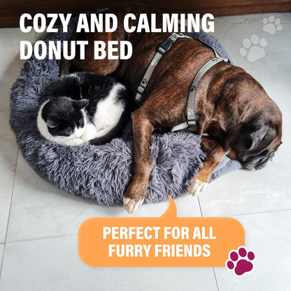 Premium Small Donut Dog Bed, Fits up to 45 Lbs, Removable Cover & Washable Cushion, Plush Long Pile Faux Fur Fabric, Portable Beige Pet Bed Furniture for Puppies Adult Canines & Cats