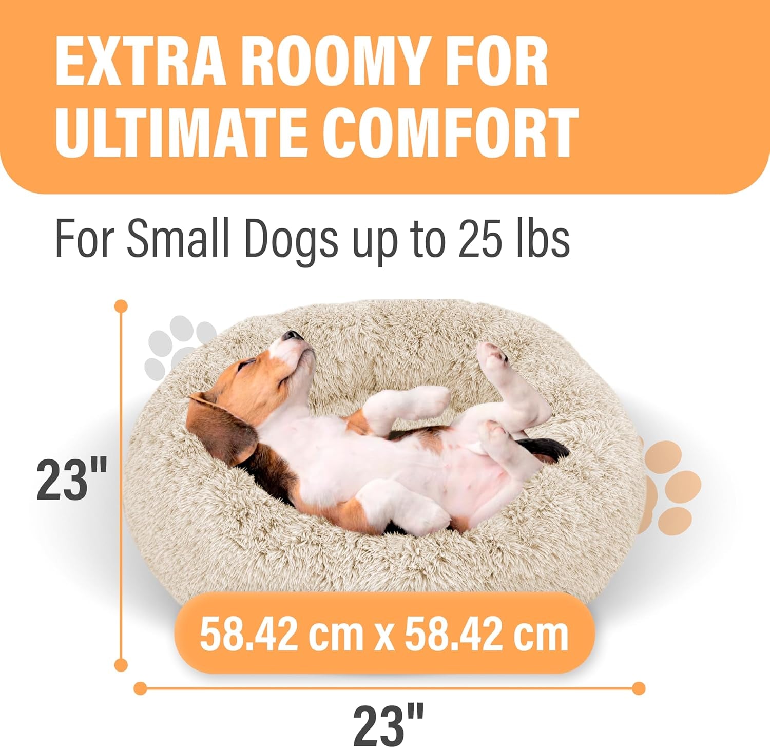 Premium Small Donut Dog Bed, Fits up to 45 Lbs, Removable Cover & Washable Cushion, Plush Long Pile Faux Fur Fabric, Portable Beige Pet Bed Furniture for Puppies Adult Canines & Cats