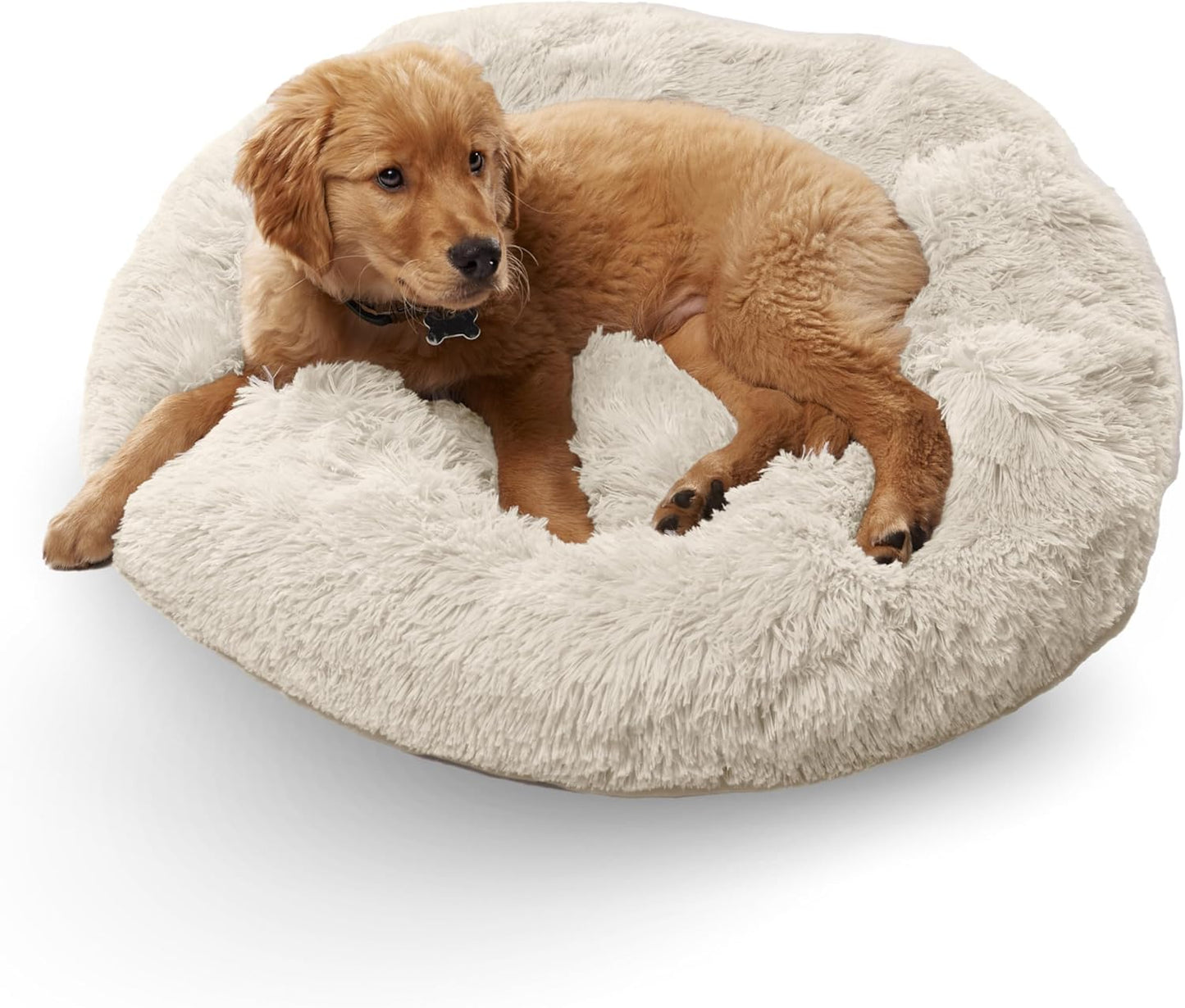 Premium Small Donut Dog Bed, Fits up to 45 Lbs, Removable Cover & Washable Cushion, Plush Long Pile Faux Fur Fabric, Portable Beige Pet Bed Furniture for Puppies Adult Canines & Cats